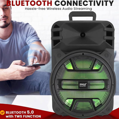 Portable Bluetooth Speaker System  12'' 800 Watts w/ Latest DJ LED Lights, USB/FM/BT/Aux/Remote Control/Mic Inputs & Built-in Rechargeable Battery