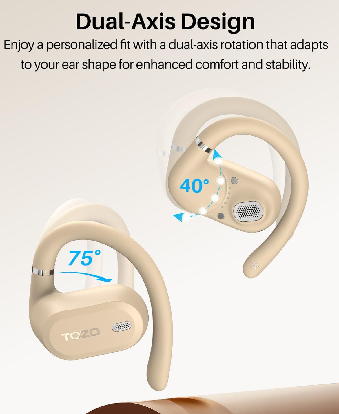 OpenWear Open Ear Headphones, Adjustable Ear Hooks, Ultra Comfort, Bass Bluetooth Headphones 5.4 with Smart Digital Display (Khaki)