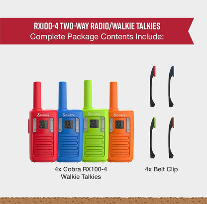 Cobra RX100 Gesins-Walkie-Talkies (4-Pak) met 16 Myl Reikafstand - 16 Myl Lang Reikafstand, Kindervriendelike Kommunikasie, 22 Kanale, NOAA Weerwaarskuwings, Oproepwaarskuwings