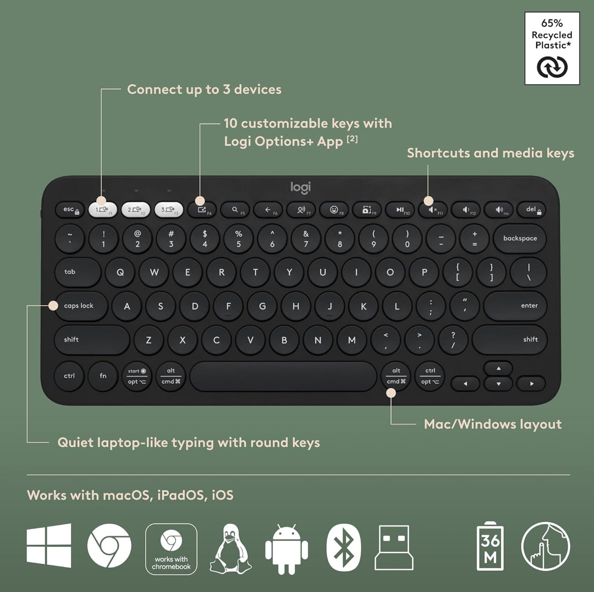 Logitech Pebble 2 Combo, Draadlose Sleutelbord en Muis, Stil en Draagbaar, Aanpasbaar, Logi Bolt, Bluetooth, Maklike Skakel vir Windows, macOS, iPadOS, Chrome - Swart
