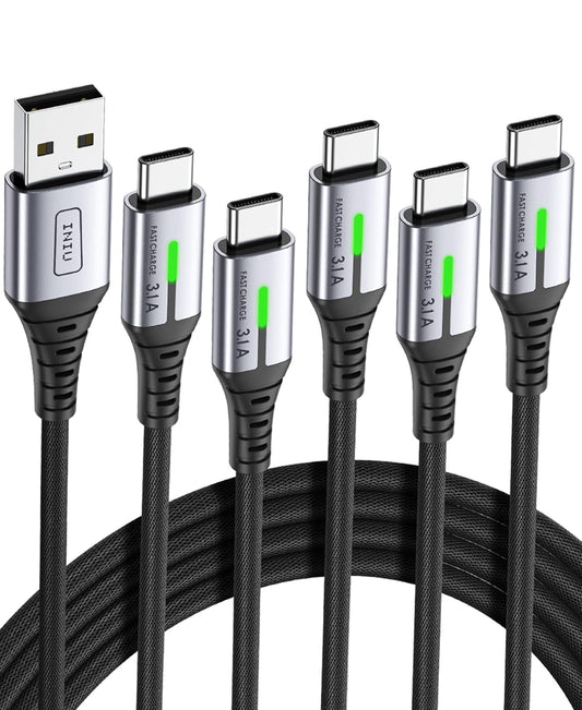 INIU USB na C-kabel Vinnig Laai, [5 Pakke, 0.5M+1M*2+2M*2] 3.1A Tipe C-kabels, Nylon USB-C Telefoonlaaikabels vir iPhone 16 15 Samsung Galaxy S21 S20 S10 A14 Note 10 LG Pixel 9 8 ens