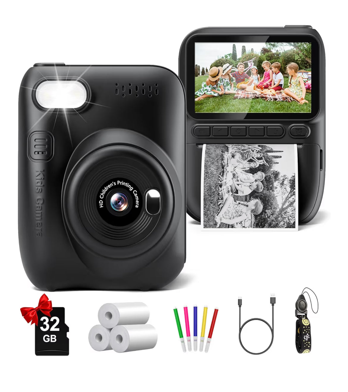 Kits Druk Kamera 3.0" HD 32MP Kinders 1080P met 3 Rolle Drukkerpapier 32GB SD Kaart (Swart)