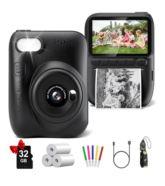 Instant Print Camera 3.0" HD 32MP Kids 1080P w/ 3 Rolls of Printer Paper 32GB SD Card (Black)