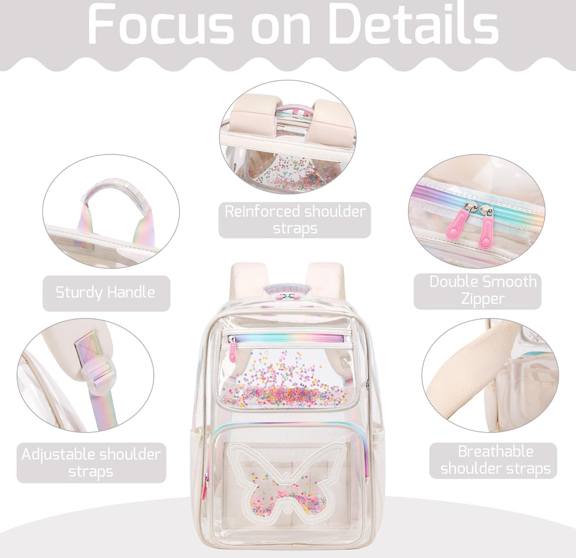 Girls Clear Backpack,2 PCS Large Backpacks Set,Heavy Duty Bookbag Stadium Approved Daypack Transparent Women Bag See Through Daypack for Kids Elementary Middle School Students Teens Sport Beige