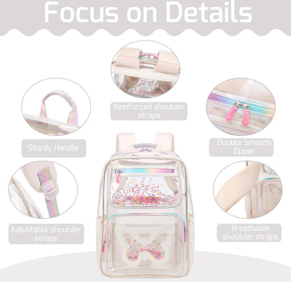 Girls Clear Backpack,2 PCS Large Backpacks Set,Heavy Duty Bookbag Stadium Approved Daypack Transparent Women Bag See Through Daypack for Kids Elementary Middle School Students Teens Sport Beige