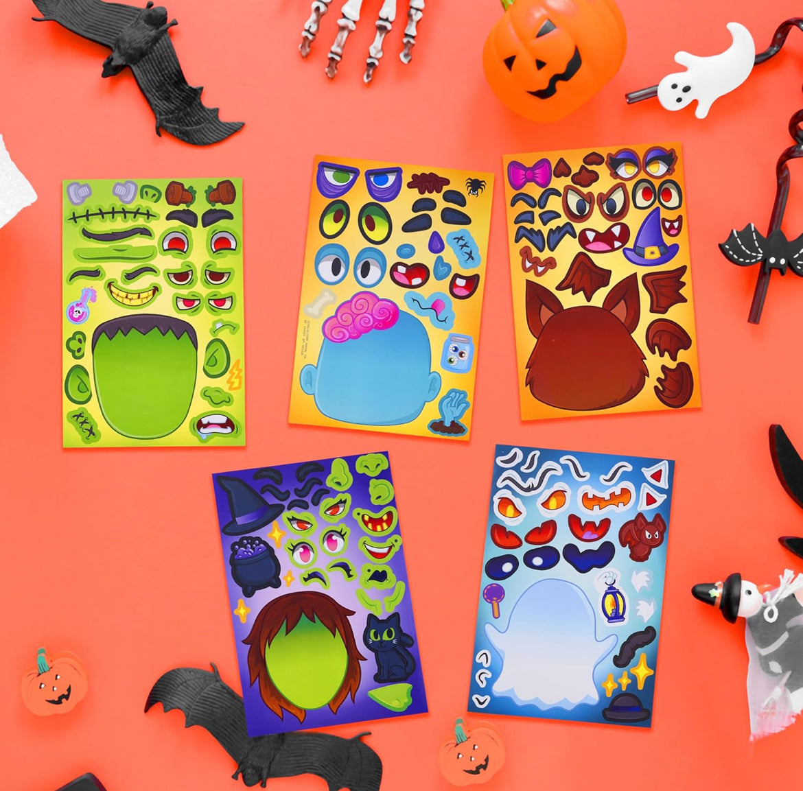 JOYIN 36 STKS Halloween Make-a-face Plakkerblad, Kinders Partytjie Guns Handwerkbenodigdhede, Maak Jou Eie Karakter Plakkers met Vampier, Heks, Frankenstein, Spook, Halloween Lekkernye Klasaktiwiteite Speletjie