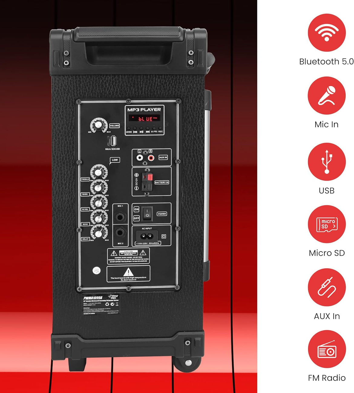Draagbare 10" Koordlose Bluetooth Luidsprekerstelsel - Ingeboude Herlaaibare Battery, Koordlose Mikrofoon, USB/Mikro SD/FM - 600 Watt FM Radio met Digitale LED Skerm