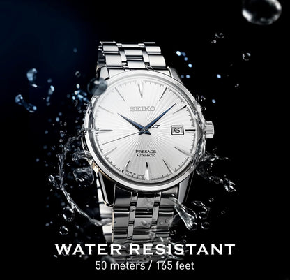 SEIKO SRPB77 Outomatiese Horlosie vir Mans - Presage Cocktail Time - Silwer Skakelaarplaat met Patroon en Glansafwerking, Datumkalender, 50m Waterbestand