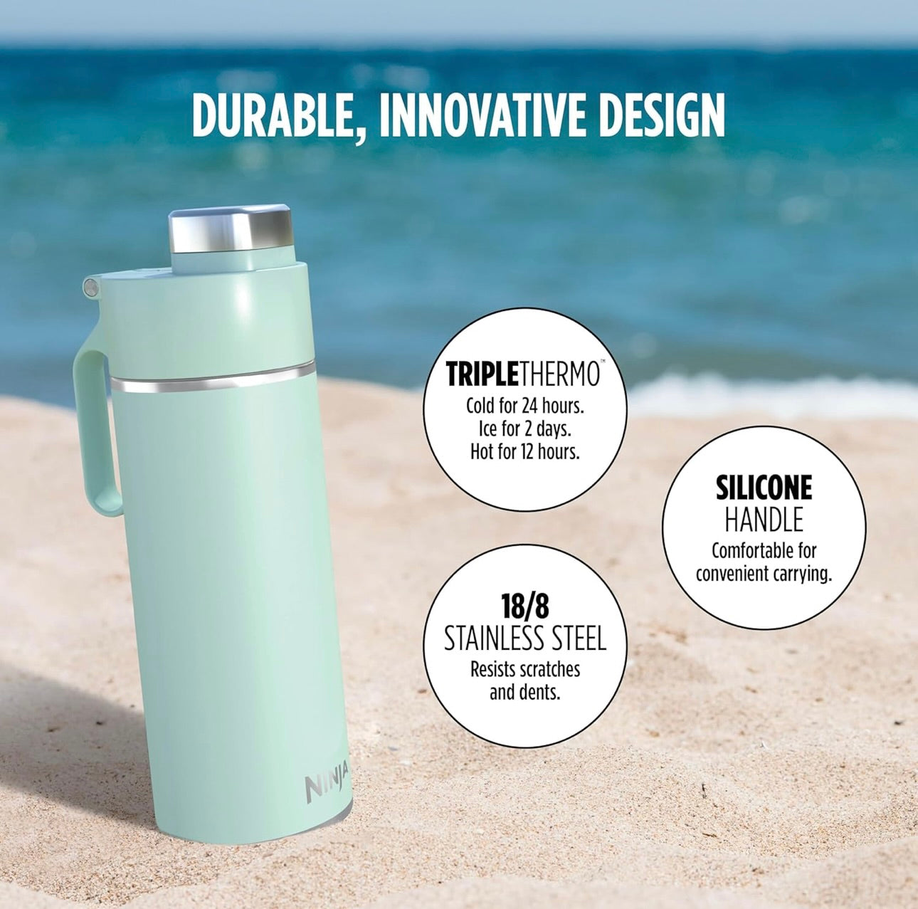 Ninja DW2401MT Thirsti 24oz Reiswaterbottel Lekvry, 24 Ure Koud, Skottelgoedwasser Veilig, Roesvrye Staal Geïsoleerde Tuimelaar, See-skuim Blou