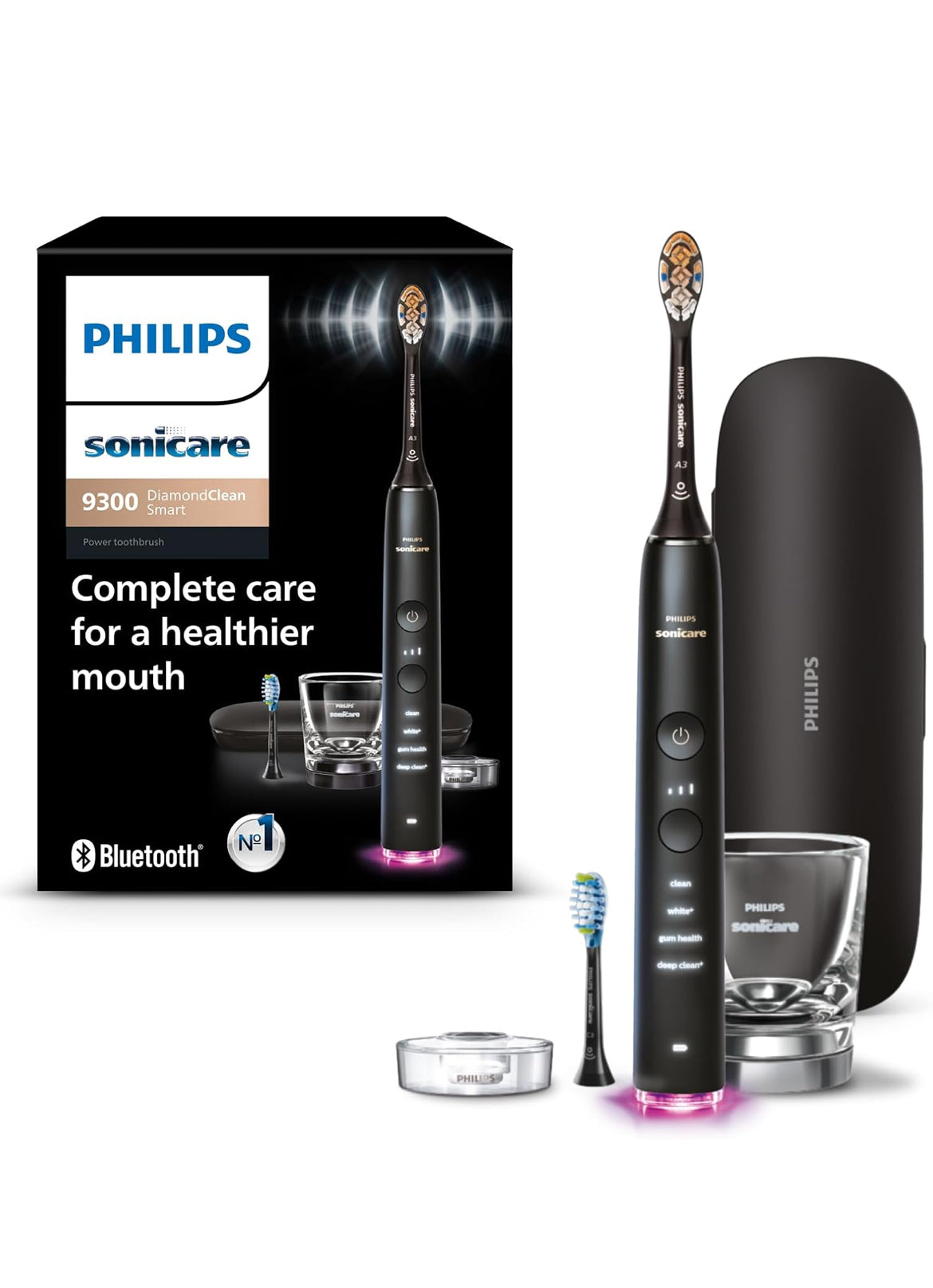 Philips Sonicare DiamondClean Smart 9300 Elektriese Tandeborsel, Soniese Tandeborsel met Toep, Druksensor, Borselkopbespeuring, 4 Borselmodusse en 3 Intensiteitsvlakke – Swart (Model HX9903/15)