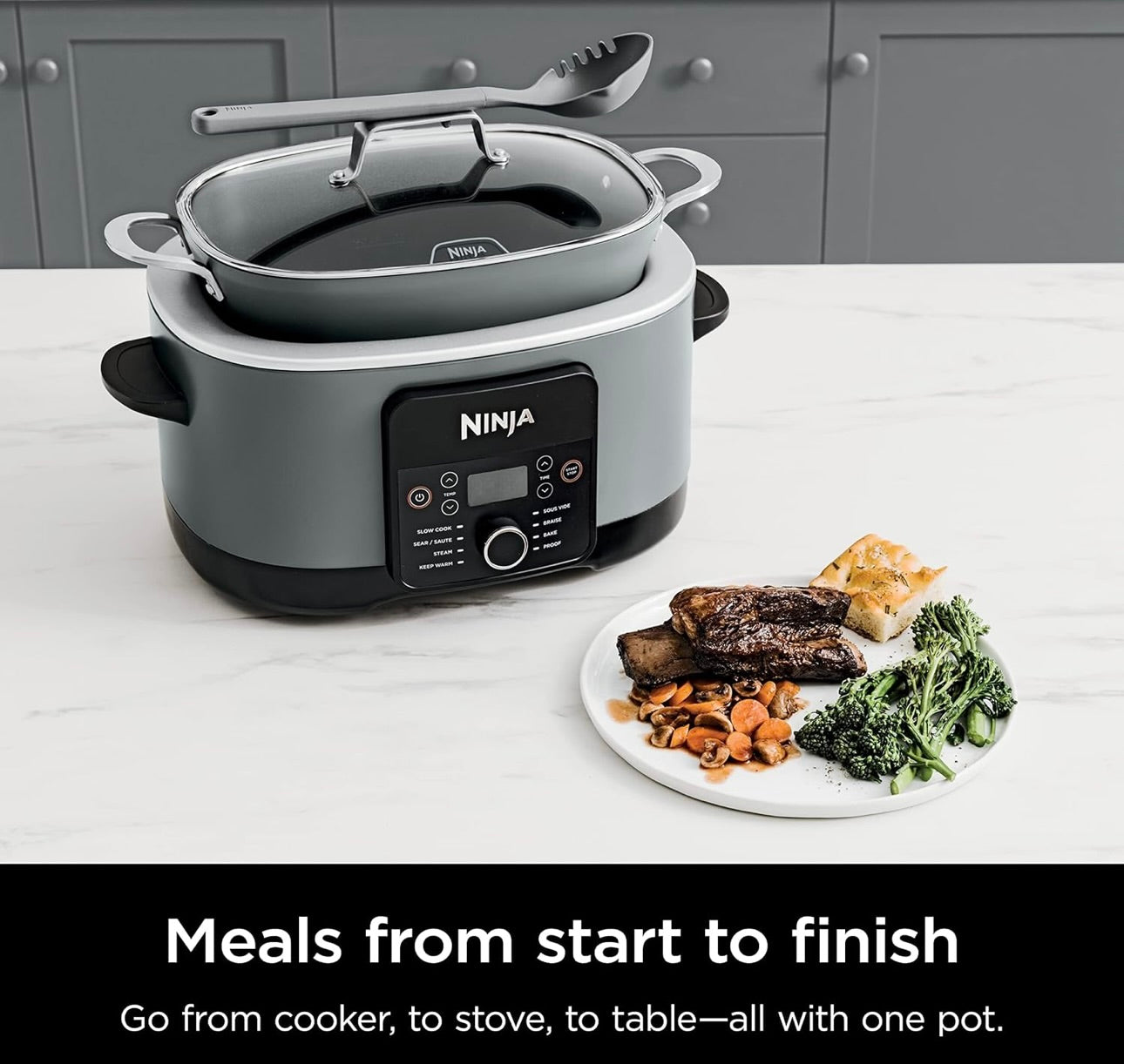 Ninja MC1001 Foodi PossibleCooker PRO 8.5 Kwart Veelvuldige-Koker, met 8-in-1 Stadige Koker, Nederlanderpot, Stoompot, Glasdeksel Geïntegreerde Lepel, Kleefvry, Oondvaste Pot tot 260°C, Seesoutgrys