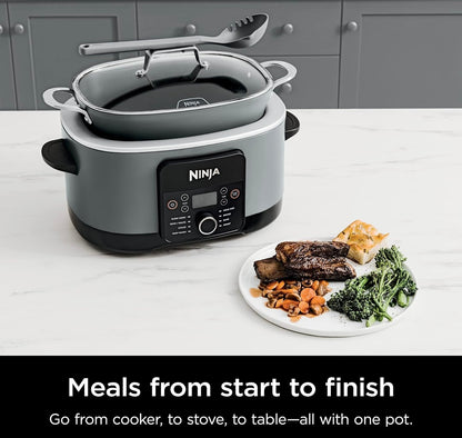 Ninja MC1001 Foodi PossibleCooker PRO 8.5 Kwart Veelvuldige-Koker, met 8-in-1 Stadige Koker, Nederlanderpot, Stoompot, Glasdeksel Geïntegreerde Lepel, Kleefvry, Oondvaste Pot tot 260°C, Seesoutgrys