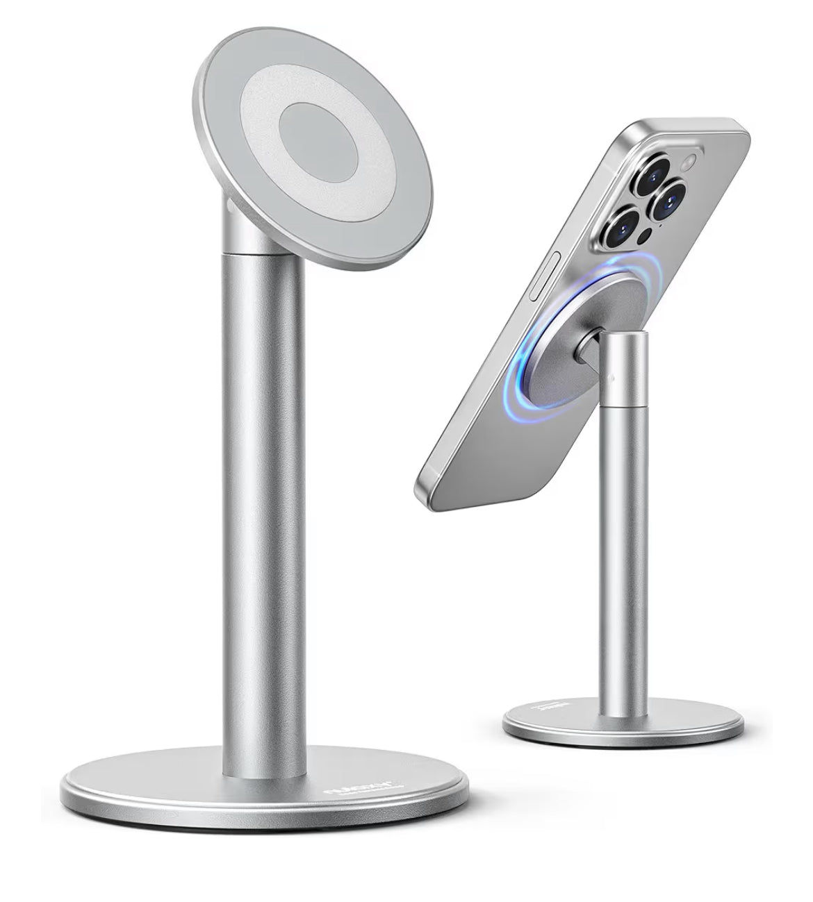 Magnetic Fully Aluminum Phone Stand, 360 Rotating for Desk w/ Metal Ring, Adjustable Holder with MagSafe Case - Silver