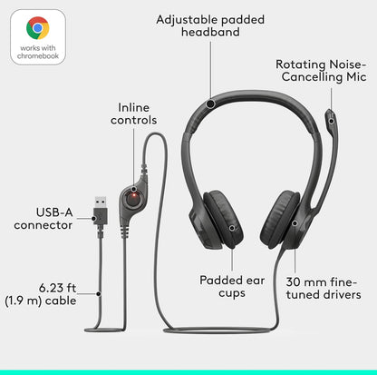 Logitech H390 Bedrade Koptelefoon vir rekenaar/skootrekenaar, Stereo-oorfone met Geraasverminderende Mikrofoon, USB-A, Inlynbeheer, Werk met Chromebook