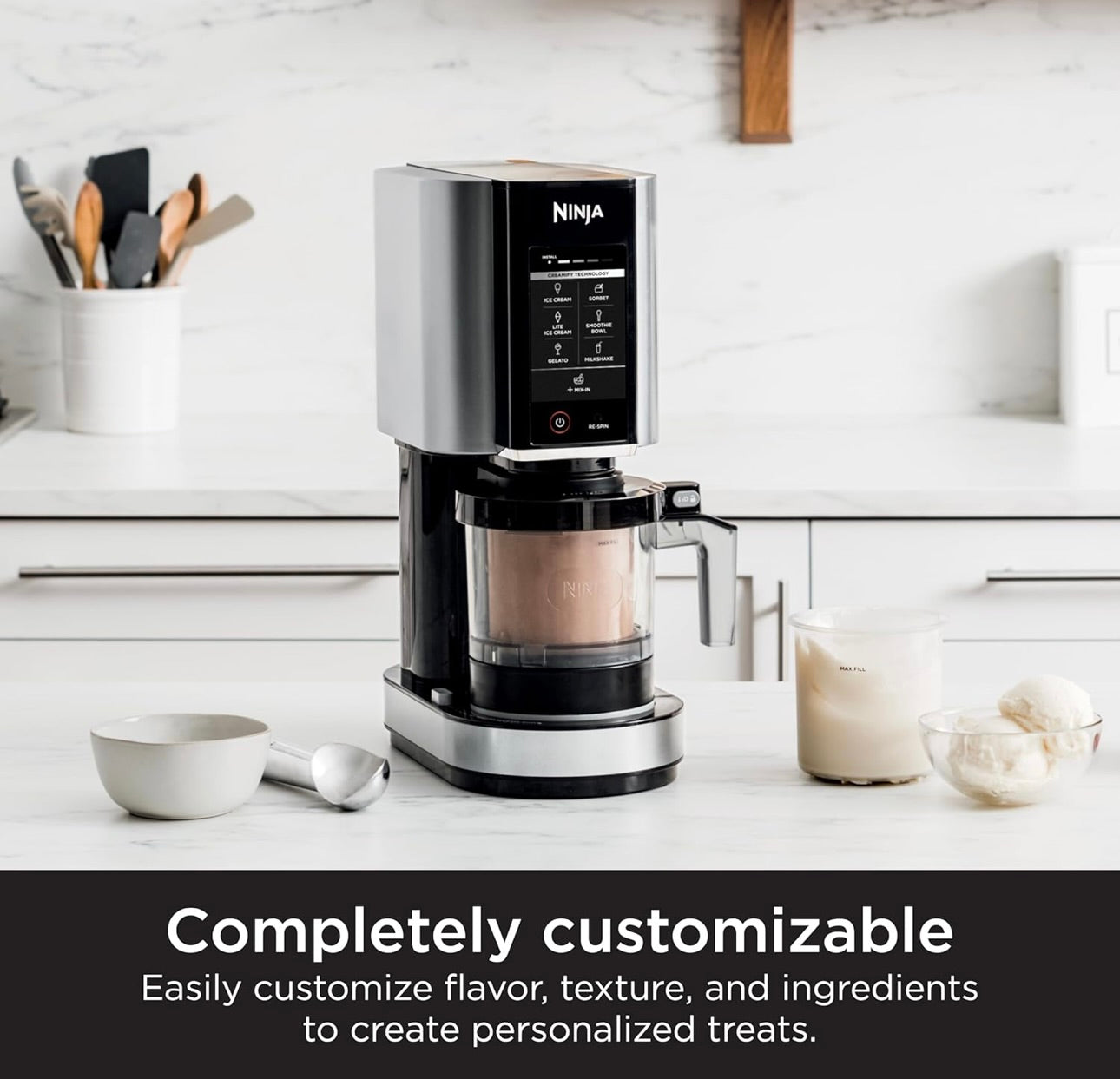 Ninja NC301 CREAMi Ice Cream Maker, for Gelato, Mix-ins, Milkshakes, Sorbet, Smoothie Bowls & More, 7 One-Touch Programs, with (2) Pint Containers & Lids, Compact Size, Perfect for Kids, Silver
