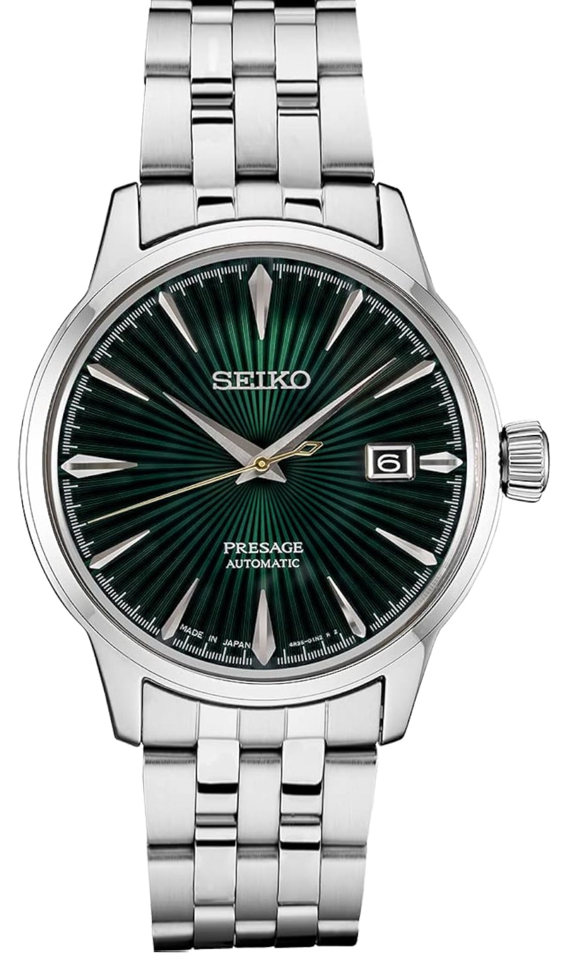 Seiko Outomatiese Horlosie vir Mans - Presage Versameling - Juweel Groen Gepatroneerde Horlosieplaat met Datumkalender, Glansafwerking - 50M Waterbestand