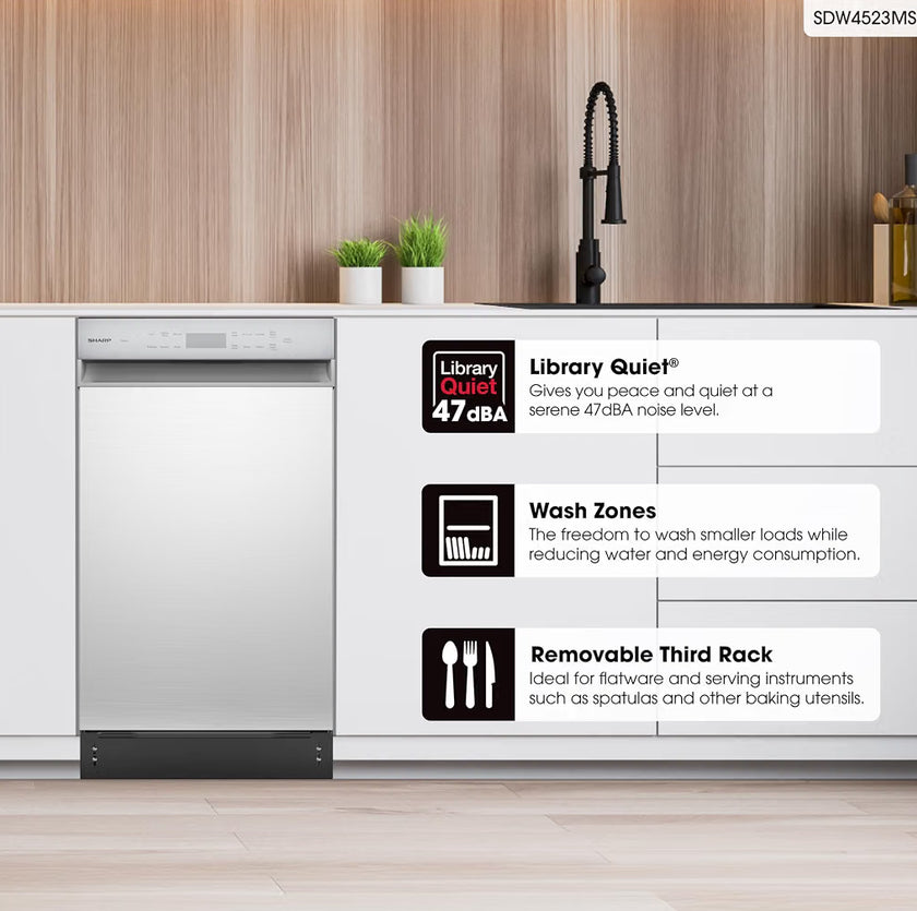 Sharp SDW4523MS 18-Inch Built-In Dishwasher, Stainless Steel, 47 dB, Third Rack, 8 Place Settings, 6 Wash Cycles