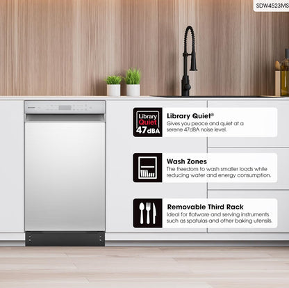 Sharp SDW4523MS 18-Inch Built-In Dishwasher, Stainless Steel, 47 dB, Third Rack, 8 Place Settings, 6 Wash Cycles