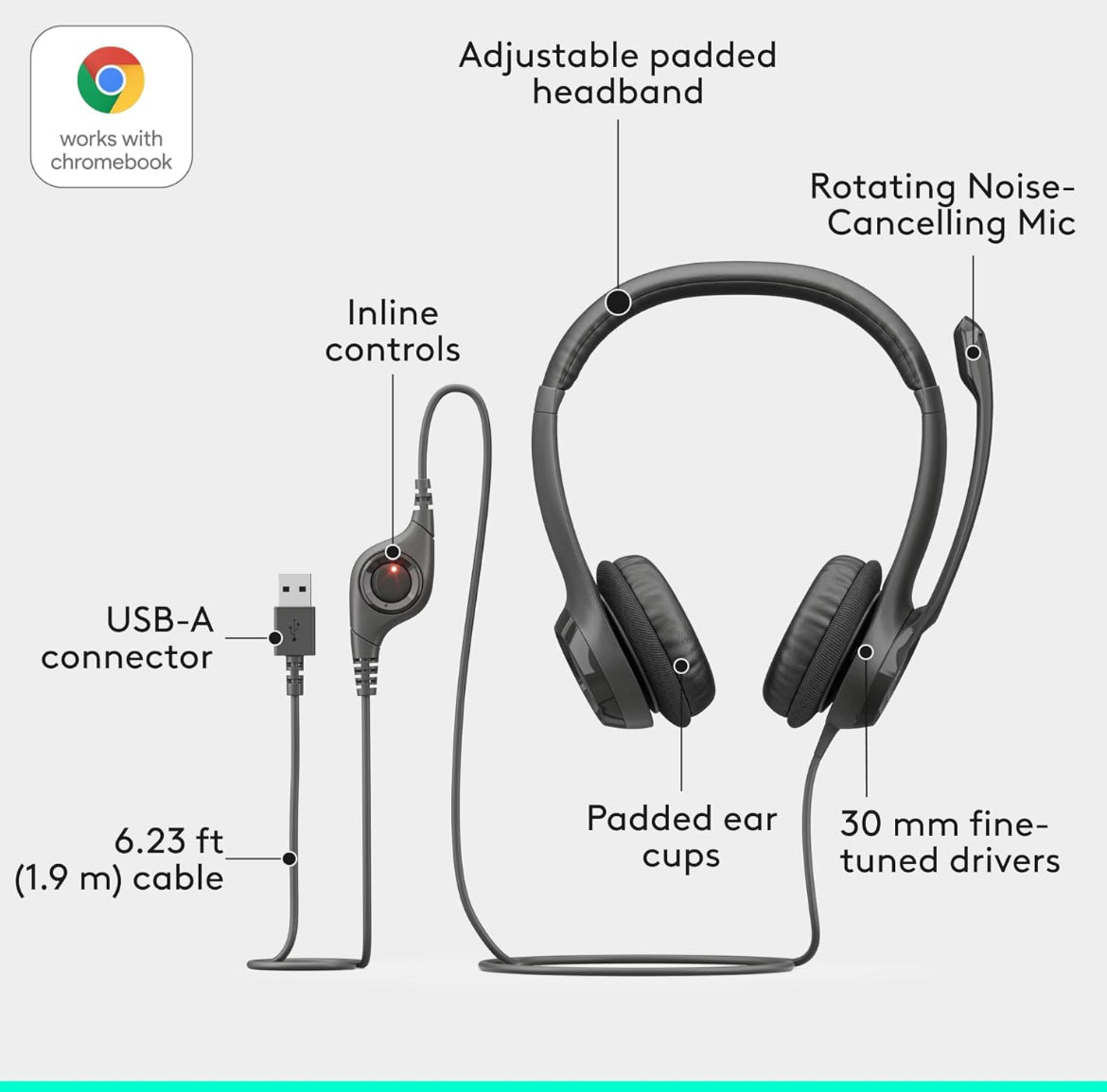 Logitech H390 Bedrade Koptelefoon vir rekenaar/skootrekenaar, Stereo-koptelefoon met geraasdempende mikrofoon, USB-A, Inlynbeheer, Werk met Chromebook