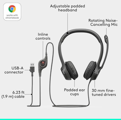 Logitech H390 Bedrade Koptelefoon vir rekenaar/skootrekenaar, Stereo-koptelefoon met geraasdempende mikrofoon, USB-A, Inlynbeheer, Werk met Chromebook