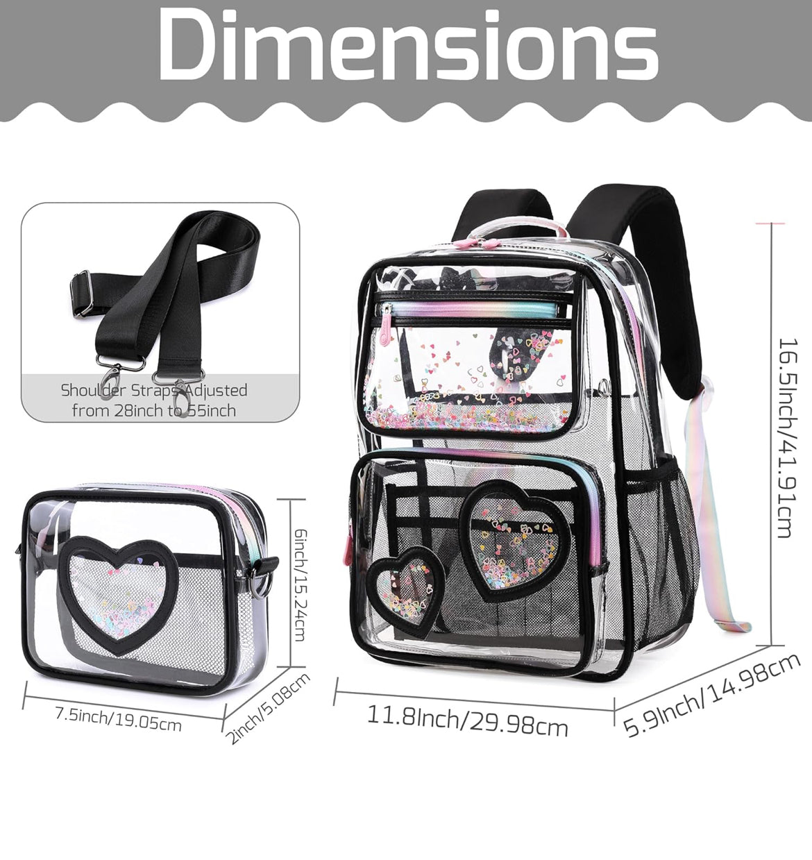 Girls Clear Backpack,2 PCS Large Backpacks Set,Heavy Duty Bookbag Stadium Approved Daypack Transparent Women Bag See Through Daypack for Kids Elementary Middle School Students Teens Sport Black