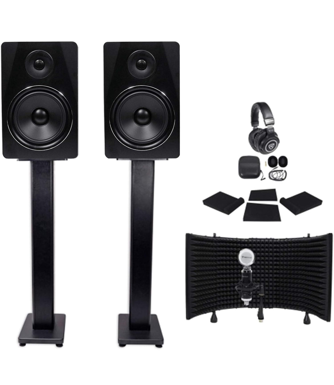Rockville Pair APM8B 8" 500w Studio Monitors+Stands+Pads+ Headphones+Mic and Shield