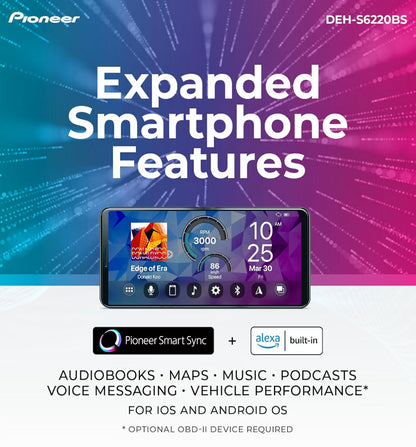 Pioneer DEH-S6220BS 1-Din CD Car Stereo with Bluetooth, USB/AUX. HD Radio
CD Receiver, SiriusXM, Color Change, FLAC, AM/FM, Detachable Face, 13-Band EQ, 50W x 4, Voice Control, Hi-Volt RCA Preouts