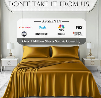 DECOLURE Satin Bed Sheets - 4 Piece Luxury Silky Queen Size Bedding Set - Softer Than Silk, Wrinkle-Free with 15” Deep Pocket Fitted Sheet, Perfect for Hair & Skin, Gifts for Women (Gold)