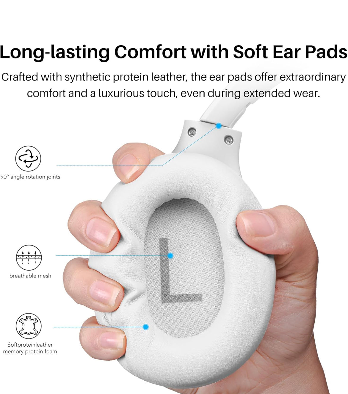 Hybrid Active Noise Cancelling Headphones, Wireless Over Ear Bluetooth, 40H Playtime, Hi-Res Audio Custom EQ, Comfort Fit Ear Cups (White)