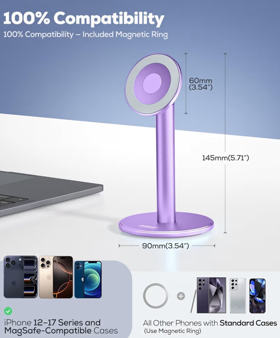Magnetiese Vol-Aluminium Foonstaander, 360° Draaibaar vir Lessenaar met Metaalring, Verstelbare Houer met MagSafe-Omhulsel - Pers