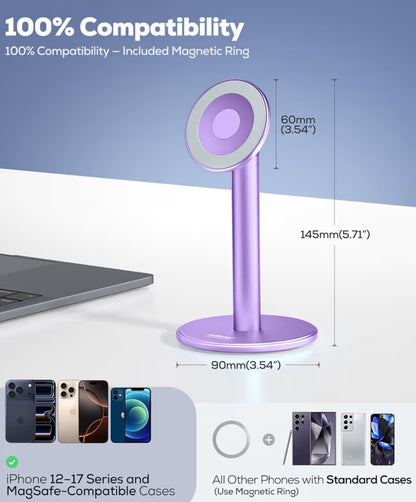 Magnetiese Vol-Aluminium Foonstaander, 360° Draaibaar vir Lessenaar met Metaalring, Verstelbare Houer met MagSafe-Omhulsel - Pers