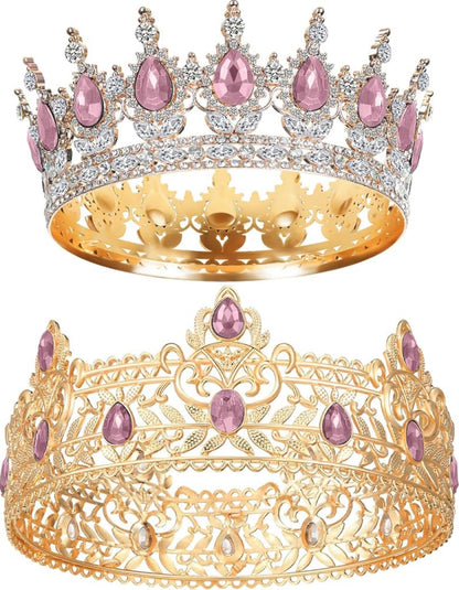 2 Stuks Prom Koning en Koningin Kroone vir Mans Vroue Koning Koningin Kroone Tiara met Strass vir Trou Verjaarsdag Grad (Pienk Goud, Pienk Styl)