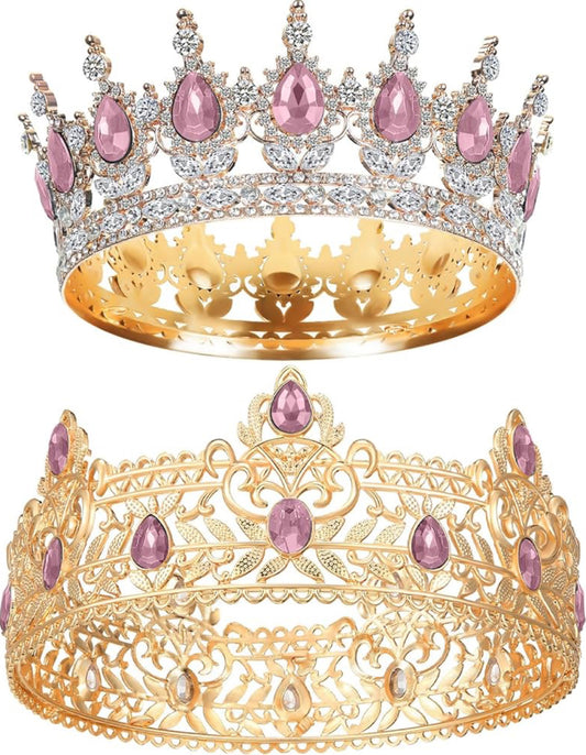 2 Stuks Prom Koning en Koningin Kroone vir Mans Vroue Koning Koningin Kroone Tiara met Strass vir Trou Verjaarsdag Grad (Pienk Goud, Pienk Styl)
