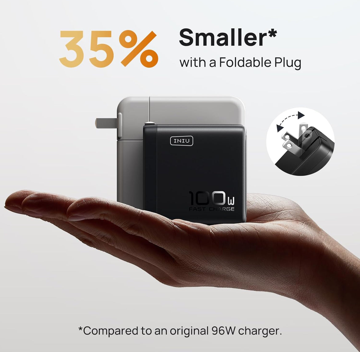 USB C Charger, INIU 3-Port 100W GaN Charger, Compact Foldable PD PPS USB C Wall Charger Block for MacBook Pro/Air, iPad Pro, Galaxy S23, Dell XPS 13, Note 20/10+, iPhone 16/15, Steam Deck, White