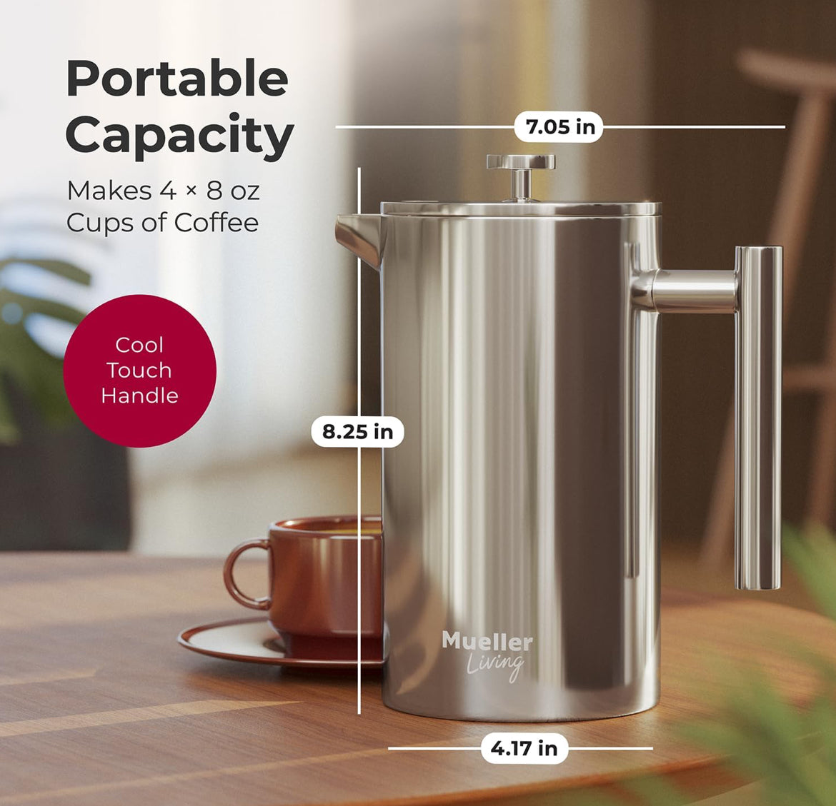 Druk-Koffiemaker 1L, Vlekvrye Staal, 4 Filters Hittebestande Dubbel Geïsoleerd, Roesvry, Voedselgraad, Skottelgoedwasser Veilig