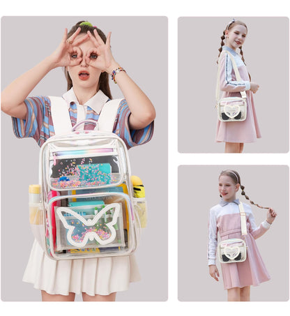 Girls Clear Backpack,2 PCS Large Backpacks Set,Heavy Duty Bookbag Stadium Approved Daypack Transparent Women Bag See Through Daypack for Kids Elementary Middle School Students Teens Sport Beige