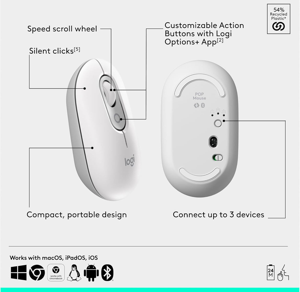 Logitech POP ICON Combo, Bluetooth-sleutelbord-en-muiskombinasie, Gemaklike Tik, programmeerbare Sleutels en Knoppies, Stil klikke, Maklike Skakel tot 3 Toestelle – Spierwit