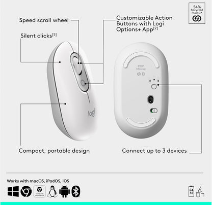 Logitech POP ICON Combo, Bluetooth-sleutelbord-en-muiskombinasie, Gemaklike Tik, programmeerbare Sleutels en Knoppies, Stil klikke, Maklike Skakel tot 3 Toestelle – Spierwit