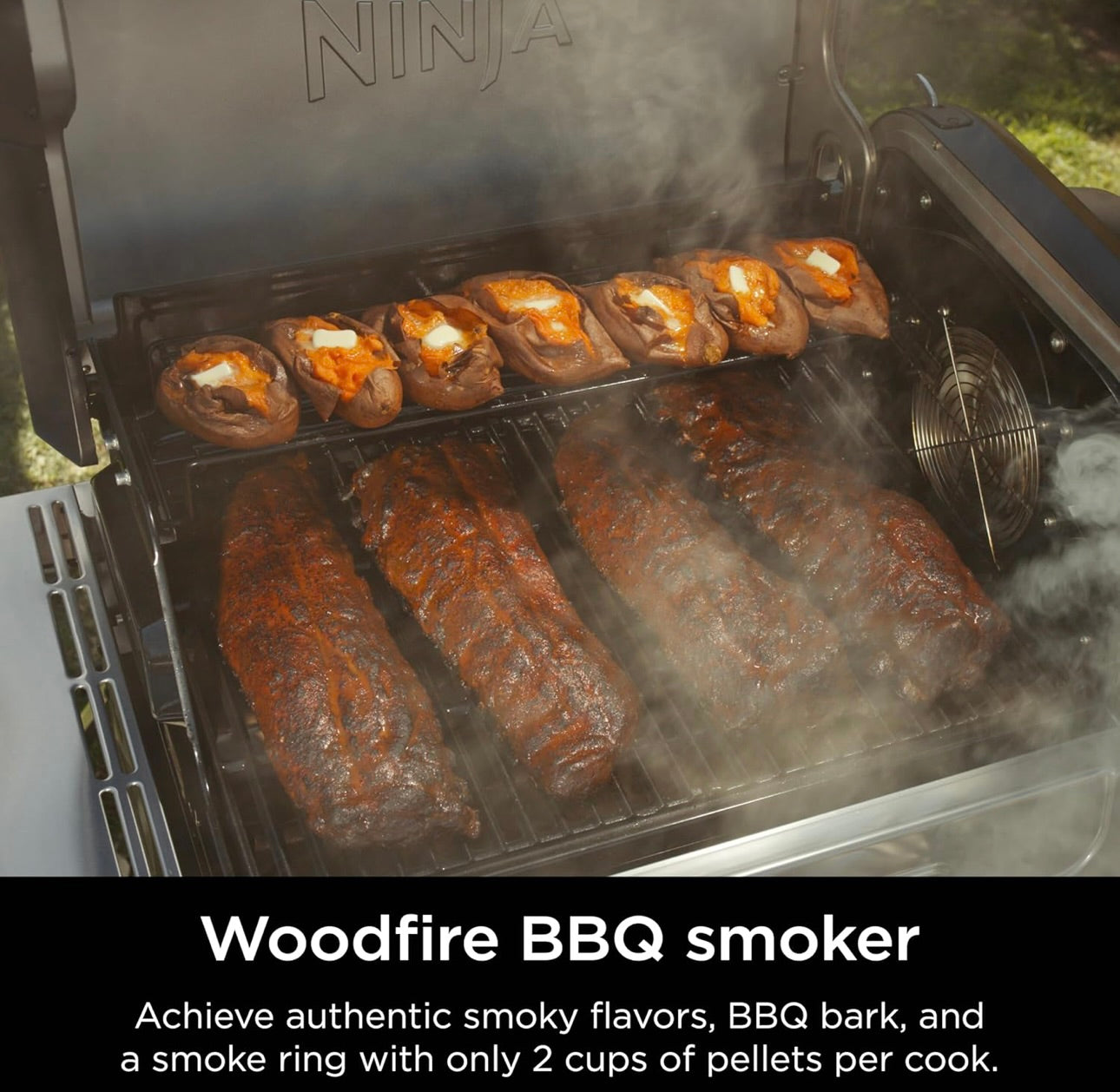 Ninja FlexFlame, Rooster en Roker, Elektriese en Propaanbraaier, Rooster, Braaier, 5-in-1 Kookstelsel, 3 Branders, Digitale Beheer, Buitekook, Bakplaat, Pizzamaker - Vlekvrye Staal (PG301)