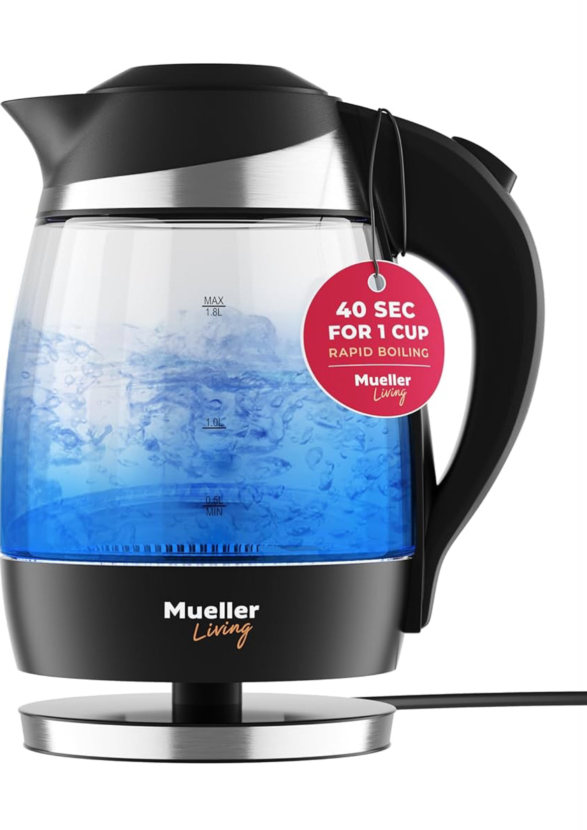 Elektriese Ketel, Elektriese Teeketel om Water Te Kook, 1500W Spoedkoker met Outomatiese Afskakeling, 1.8L Koordloos met LED-lig, Borosilikaatglas Teeketel Pot Waterverwarmer, BPA-vry