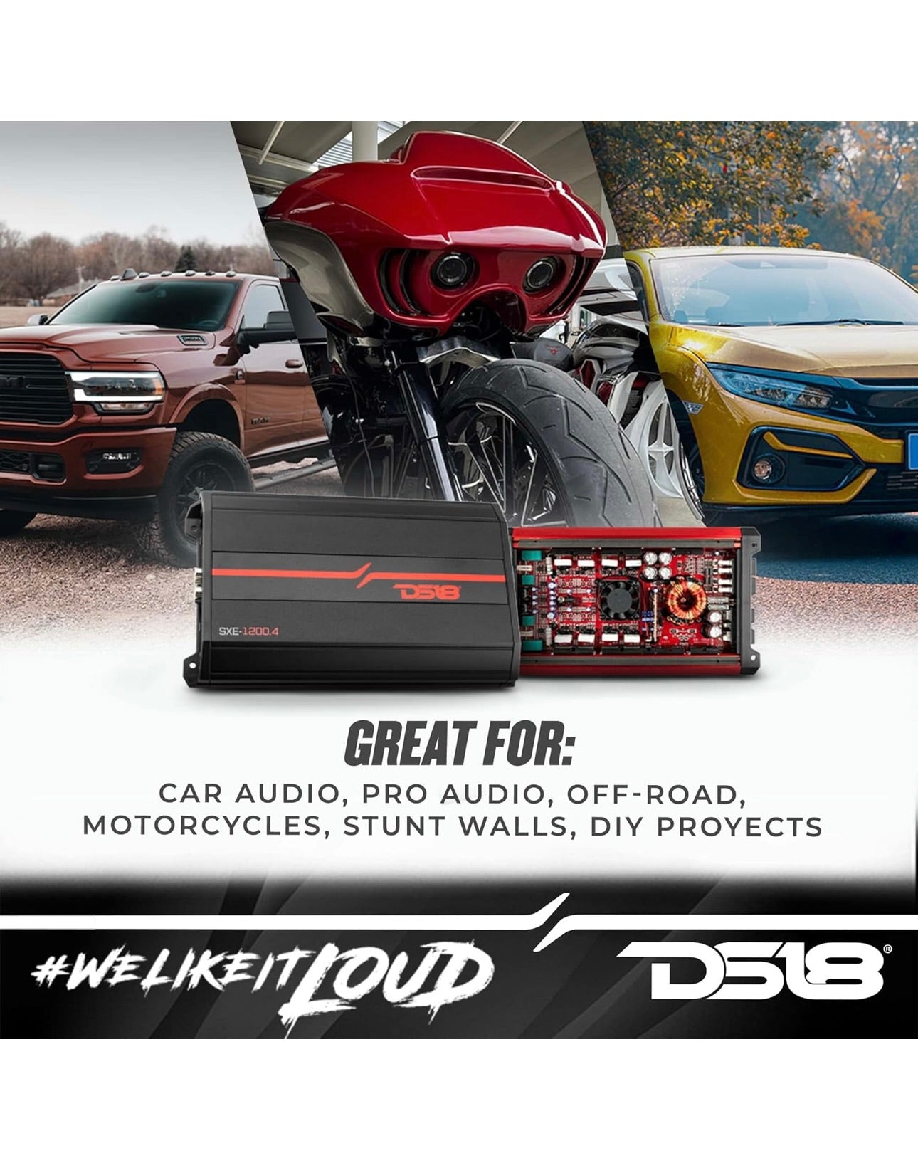 DS18 SXE-1200.4/RD Car Amplifier Stereo Full-Range Class A/B 4-Channel @4 OHM 1200 Watts - Powerful and Compact Amp  - NEW