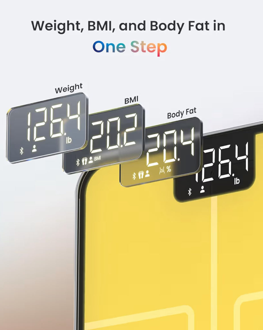 Smart Body Fat Scale w/ RGB Lighting, Rechargeable Scale with BMI, Body Fat, Muscle Mass, Color Changing
