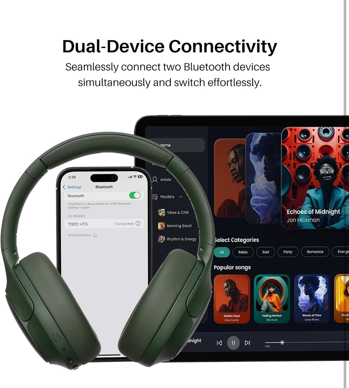 HT3 Hybrid Noise Cancelling Headphones, 90H Battery Life Over Ear Bluetooth 6.0 Foldable Headset, AI Voice Assistant - Green