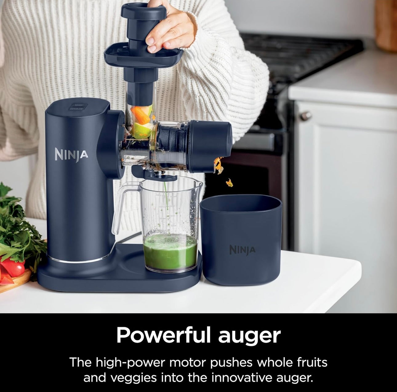 Ninja NeverClog Cold Press Juicer, Powerful Slow Juicer with Total Pulp Control, Countertop, Electric, 2 Pulp Functions - Blue/Navy (JC151NV)