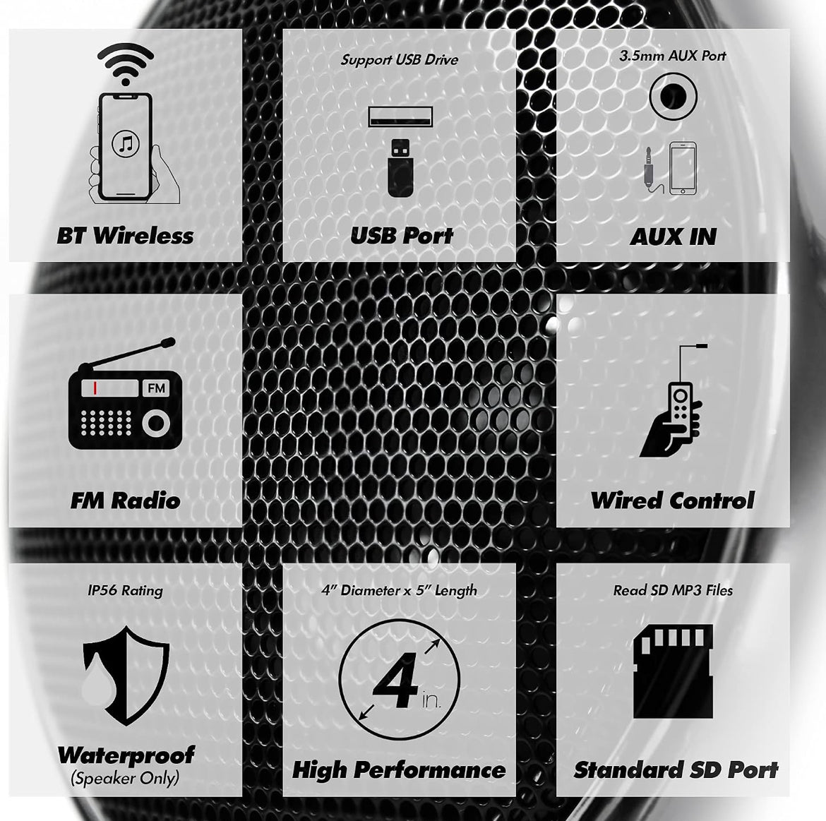 Motorcycle Speakers Bluetooth 4 Inch Waterproof Radio Audio System
1000W Amplifier, Remote Control, AUX USB SD FM Radio, Fits 7/8"–1-1/4" bar for ATVs/Motorcycles, 12 Volt Vehicles