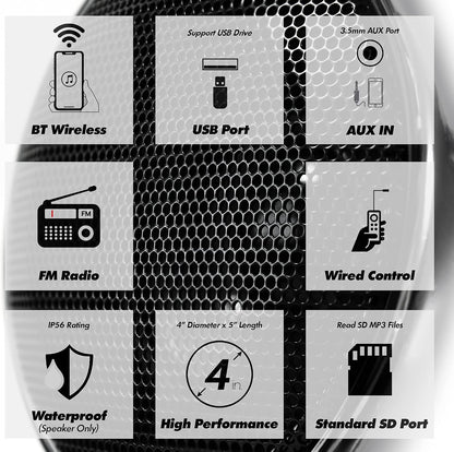 Motorcycle Speakers Bluetooth 4 Inch Waterproof Radio Audio System
1000W Amplifier, Remote Control, AUX USB SD FM Radio, Fits 7/8"–1-1/4" bar for ATVs/Motorcycles, 12 Volt Vehicles