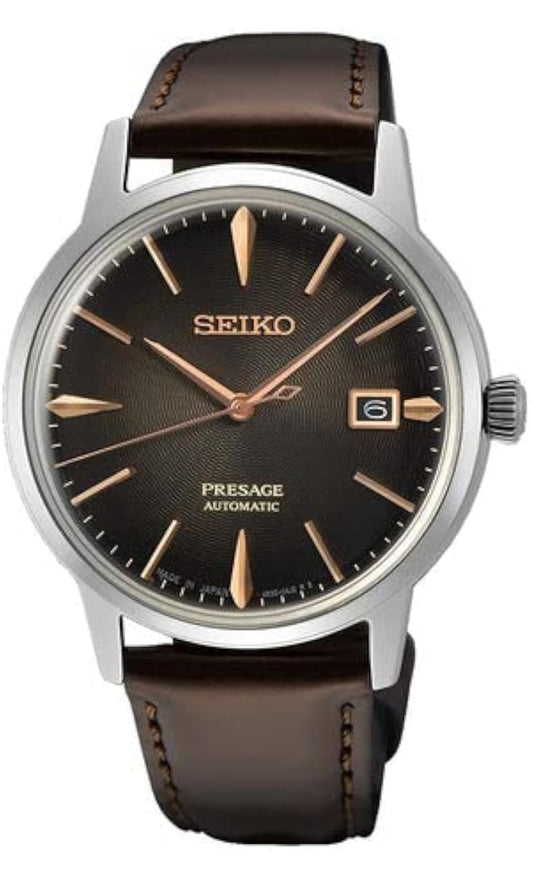 SEIKO Outomatiese Horlosie vir Mans - Presage Versameling - Grys/Bruin Plaat met Datumkalender, Vlekvrye Staal - Waterbestand 50M