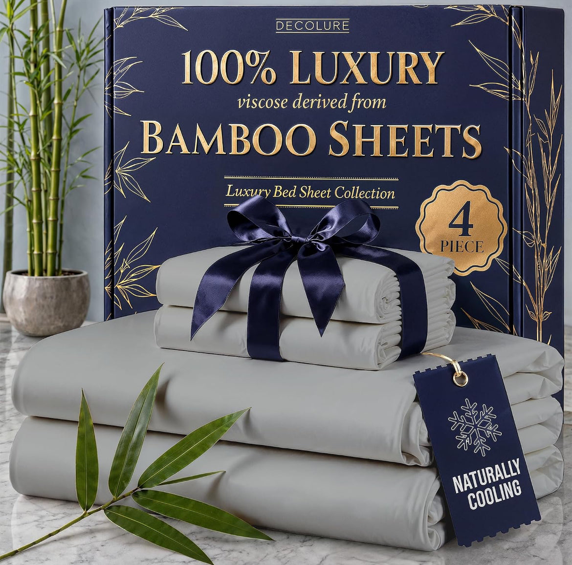 DECOLURE 100% Viscose Derived from Bamboo Sheets King Size - Luxury 4 Pc Naturally Cooling Sheets, Ultra Soft Bed Set - Deep 17" Pockets, Durable Double Stitching, Oeko Tex Standard (Light Grey)