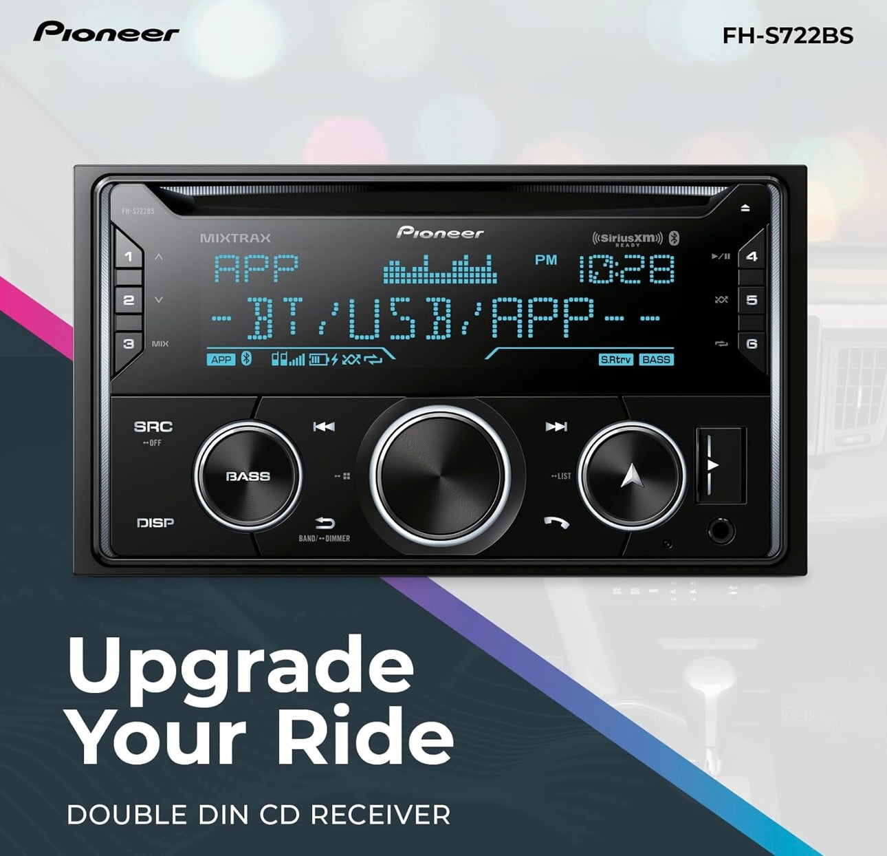 Pioneer FH-S722BS Dubbel Din Bluetooth CD Ontvanger – Ingeboude Bluetooth, USB/AUX Ingange, Pioneer Smart Sync, Hands-free Oproepe, Verbeterde Klank in die Motor