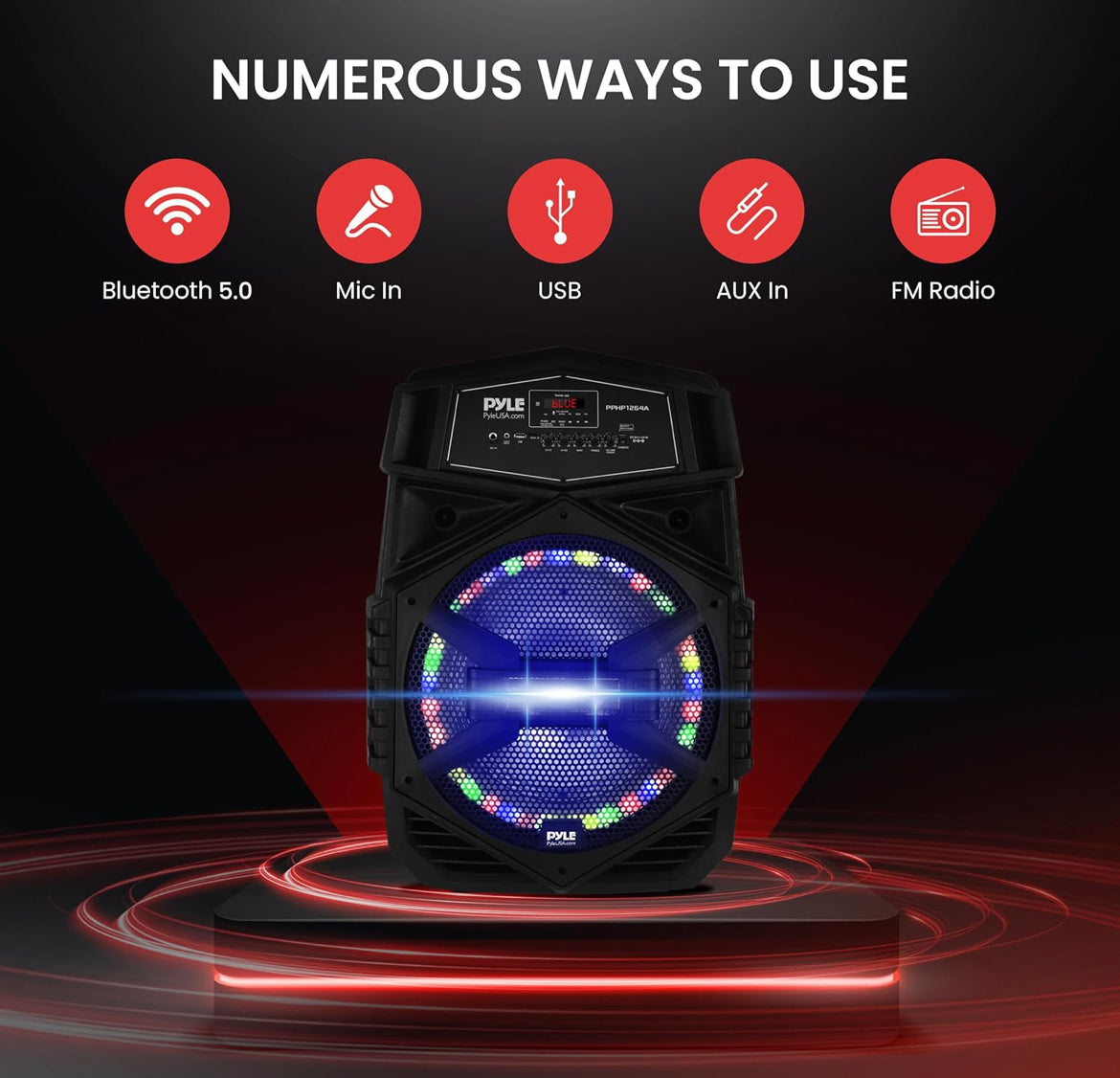 Portable Bluetooth Speaker System 12" 1000W w/ LED Lights, USB/Micro SD/FM/BT/Aux/Remote Control/Mic & Guitar Inputs, Built-in Rechargeable Battery w/ Wheels & Handle Bar